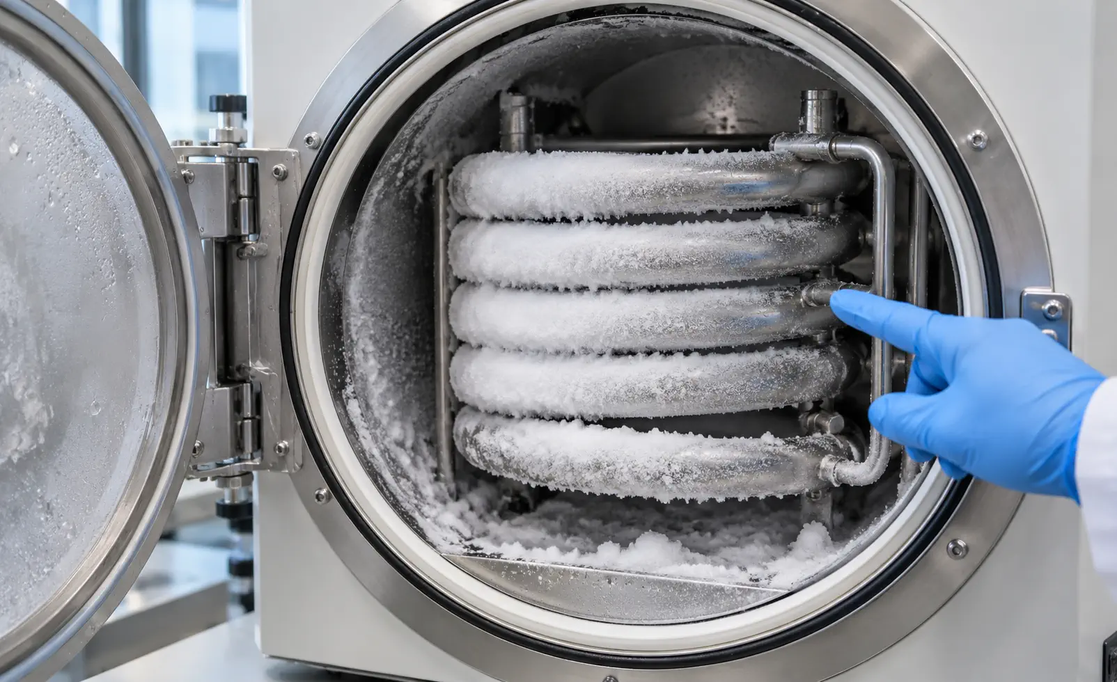 Frost-covered condenser assembly inspected during freeze dryer vacuum troubleshooting