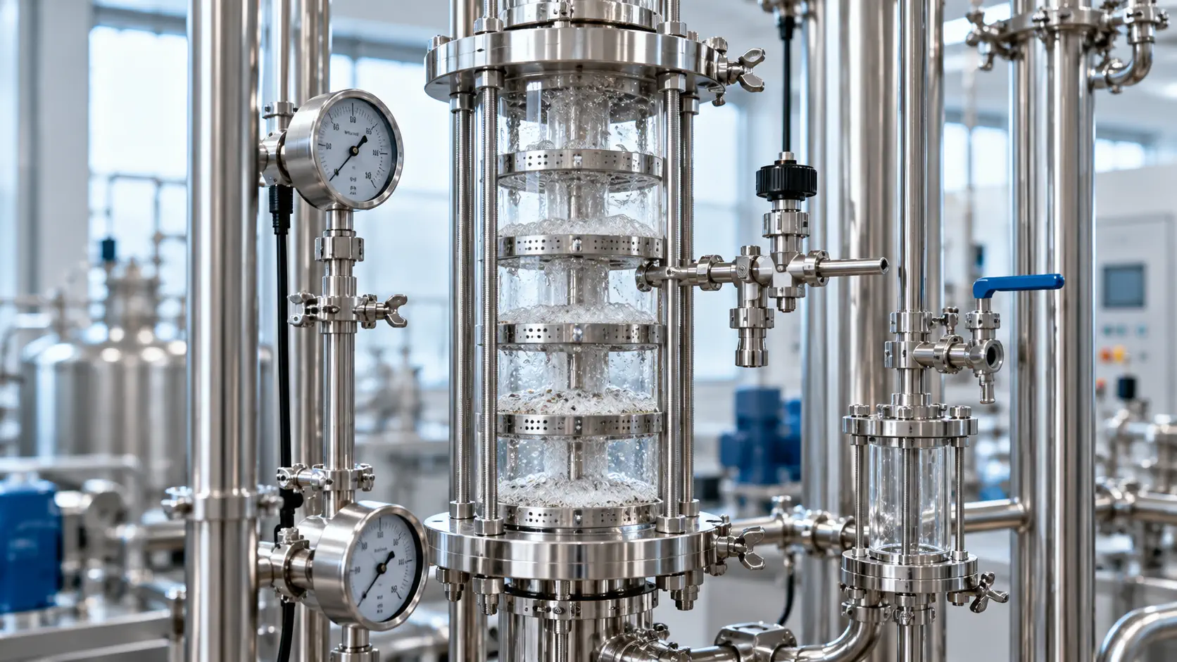 Pilot distillation column observation section with vapor liquid contacting
