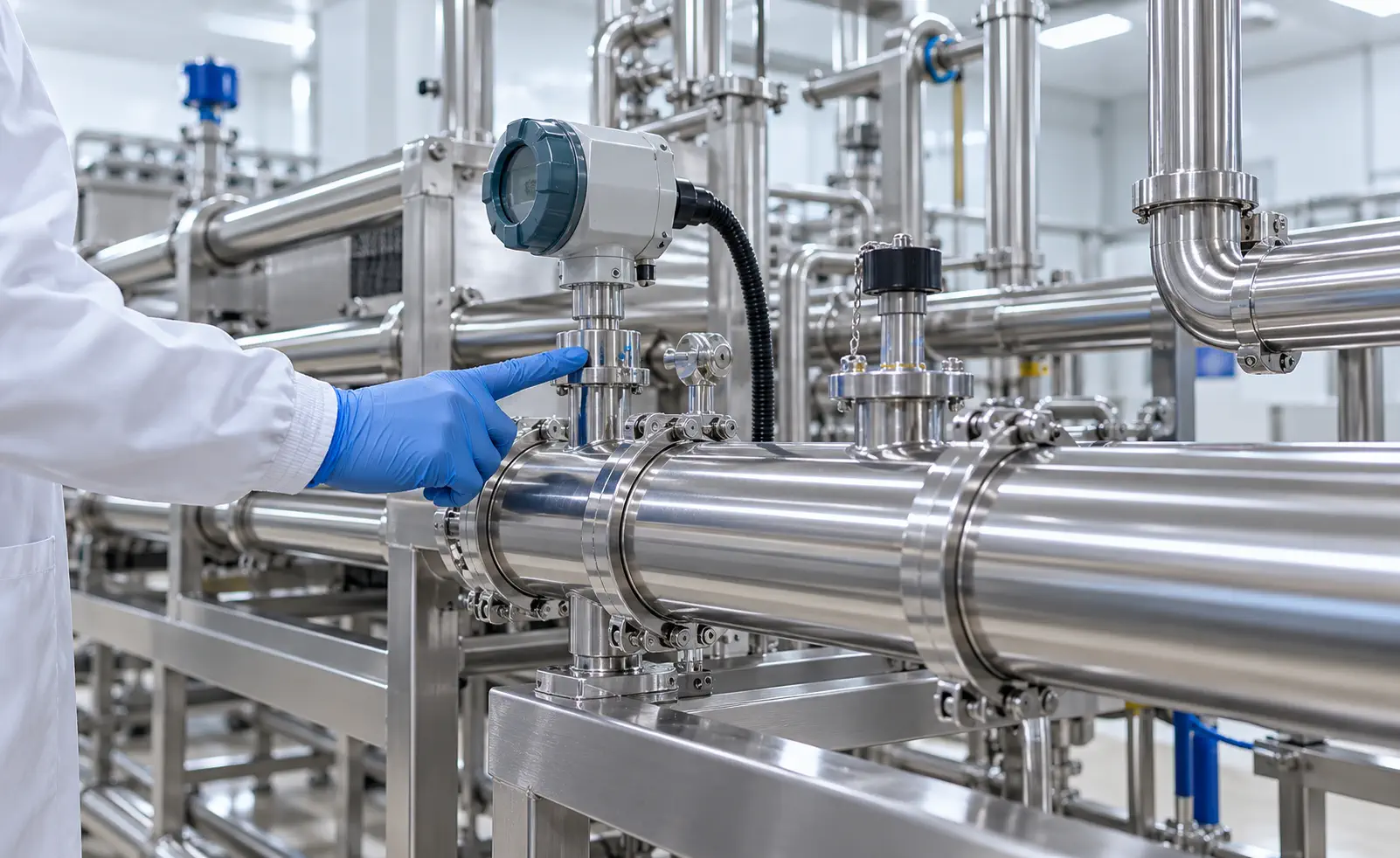 Sanitary process instrumentation and pressure sensors on tubular UHT heat-exchanger piping